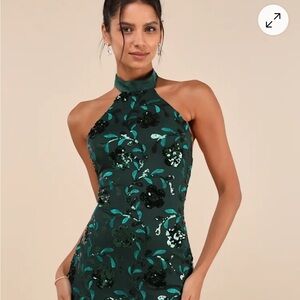 Lulu's Dark Green Sequin Floral Backless Dress